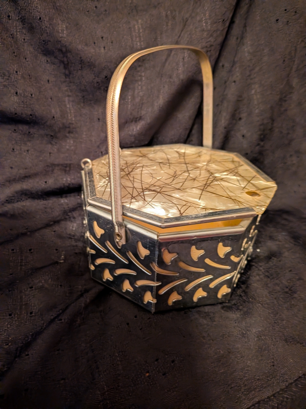Source Unknown Black and Gold Hexagonal Handbag with Mother-of-Pearl Lid